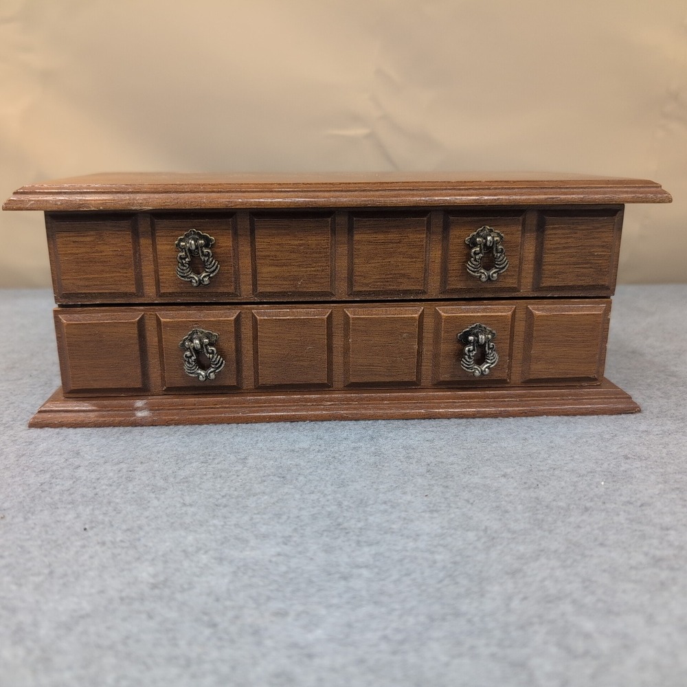 Vintage Wood Jewelry Box Organizer Two Drawer Ring Holder Ornate Pulls 10" Wide - Picture 1 of 8